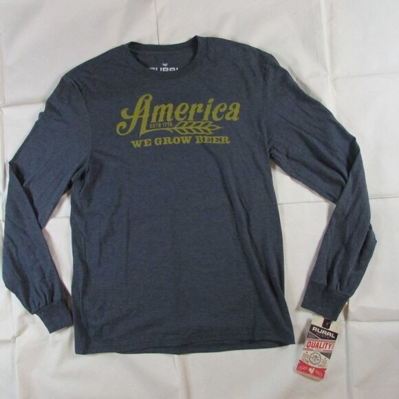 Rural Cloth Unisex Adult Long Sleeve America We Grow Beer T-Shirt Navy - Picture 1 of 2